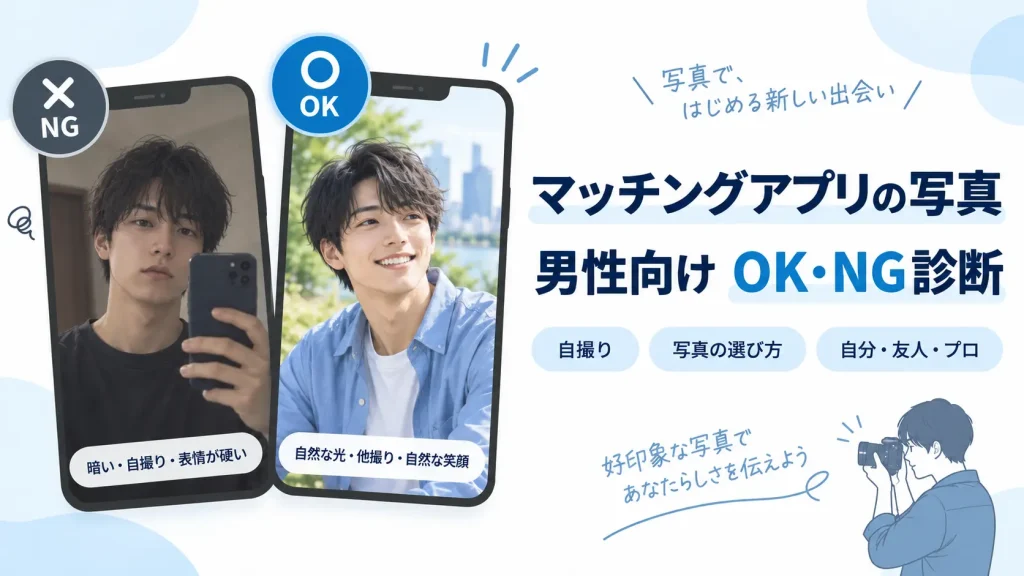 マッチングアプリの男性向けOK・NG写真例（自撮りと他撮りの比較）